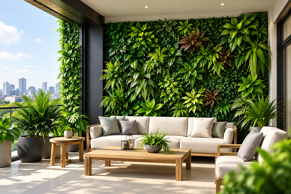 Artificial greenery wall for residential balcony and home decoration