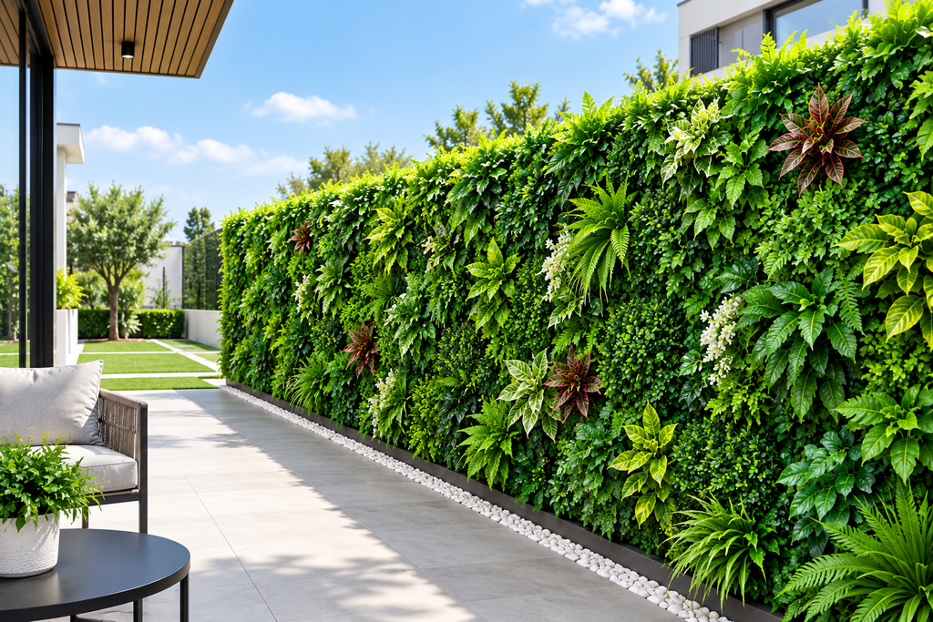 Artificial greenery wall for outdoor landscaping and garden spaces