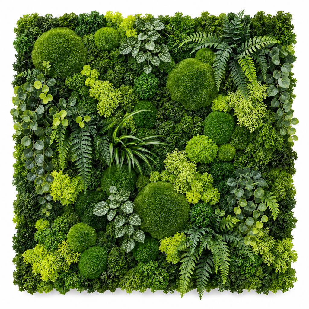 Artificial moss wall panel with layered green foliage