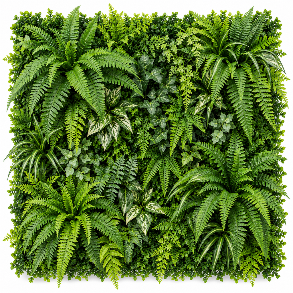 Artificial fern wall panel with dense mixed green foliage