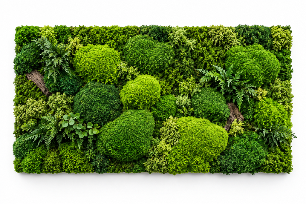 Artificial moss wall panel for interior decorative spaces
