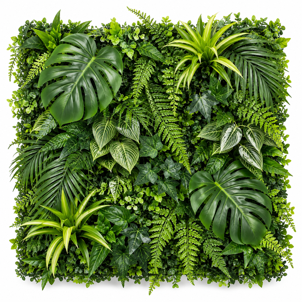 Artificial tropical leaf wall panel with mixed green foliage