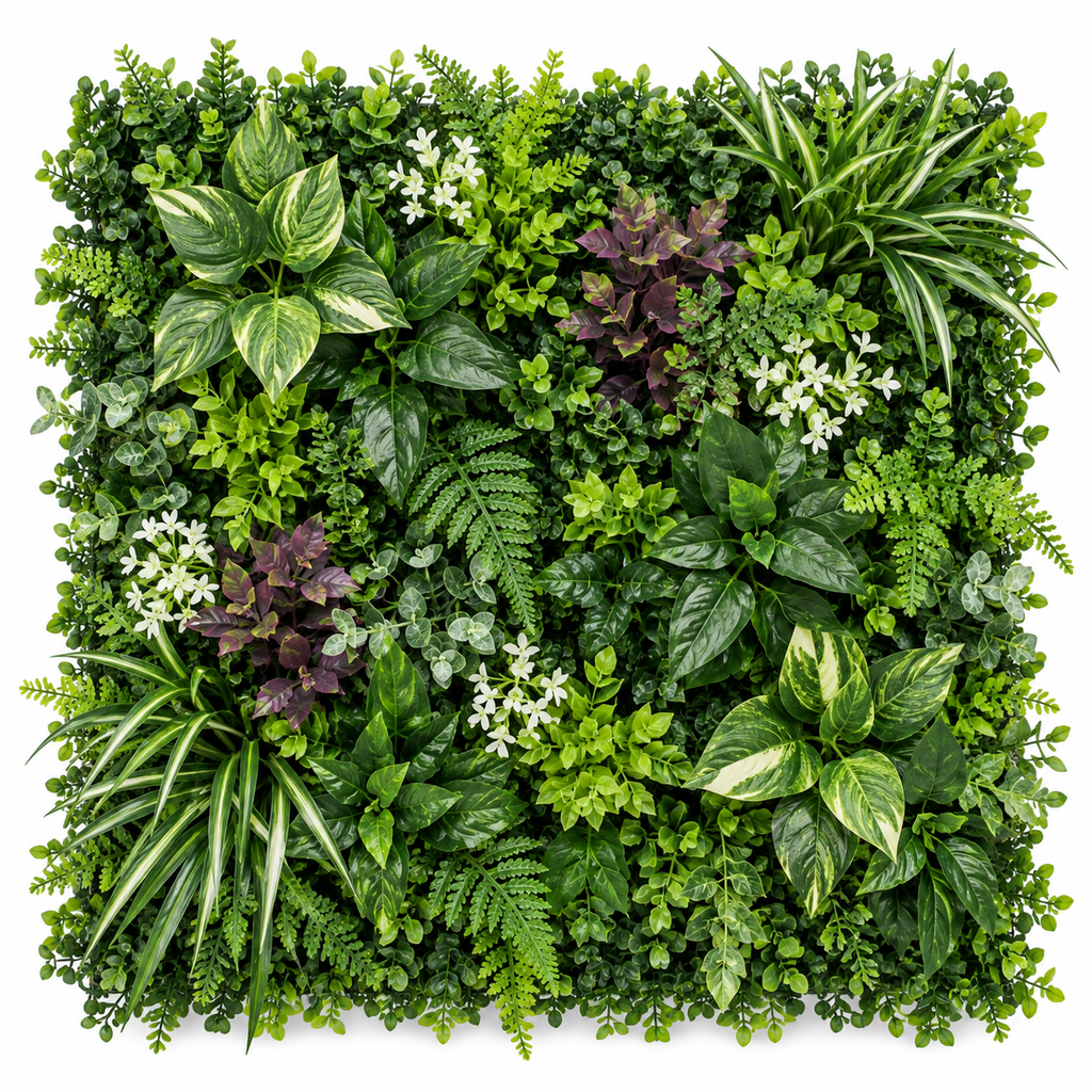 Mixed artificial greenery wall panel with layered foliage