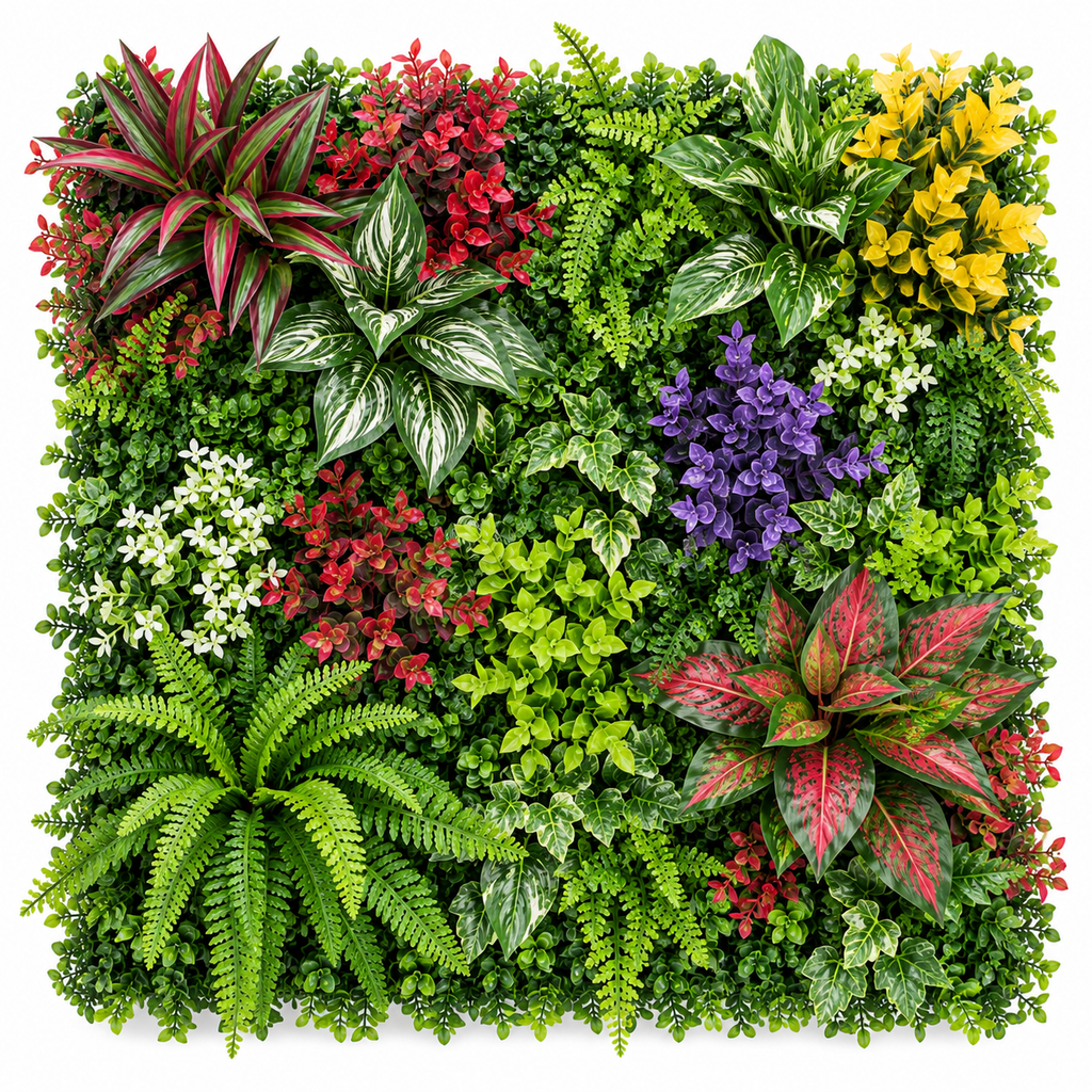 Artificial plant wall panel with colorful foliage accents