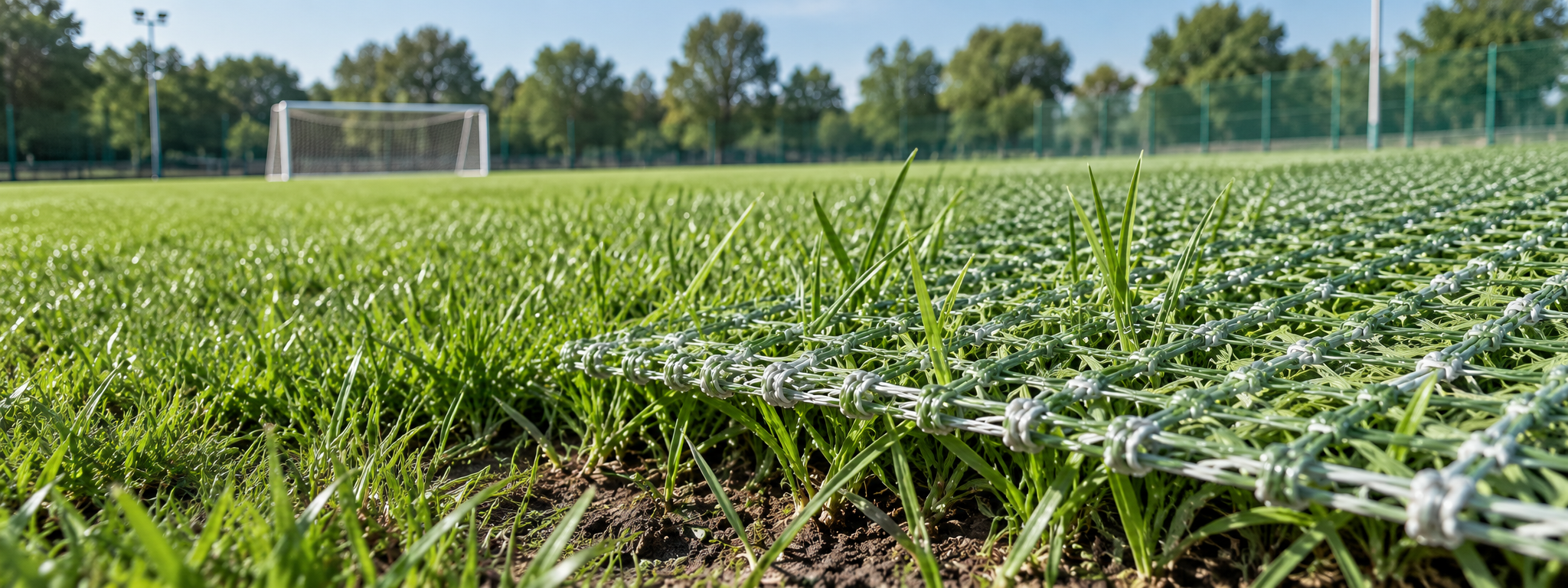 Hybrid turf for football fields with open structure for natural grass growth
