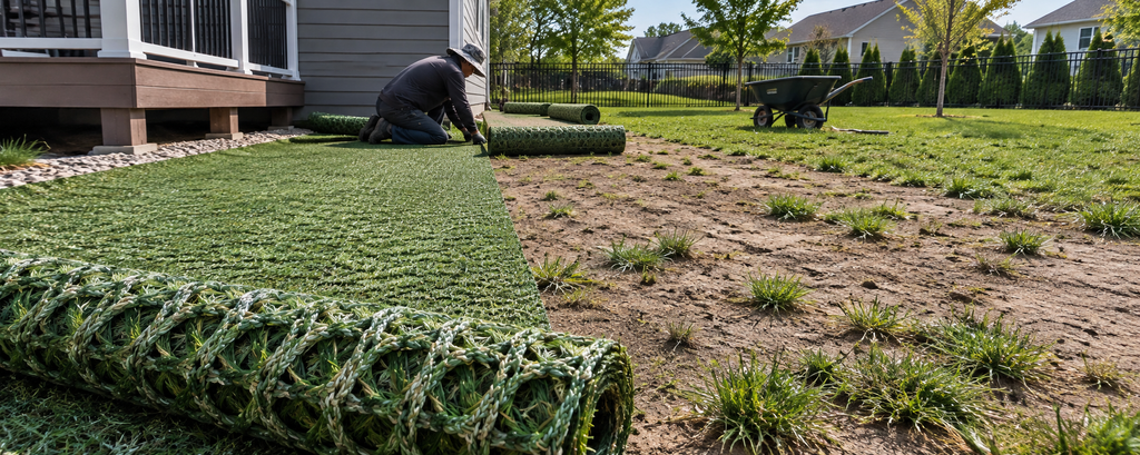 Hybrid turf for landscaping with open structure for natural grass growth