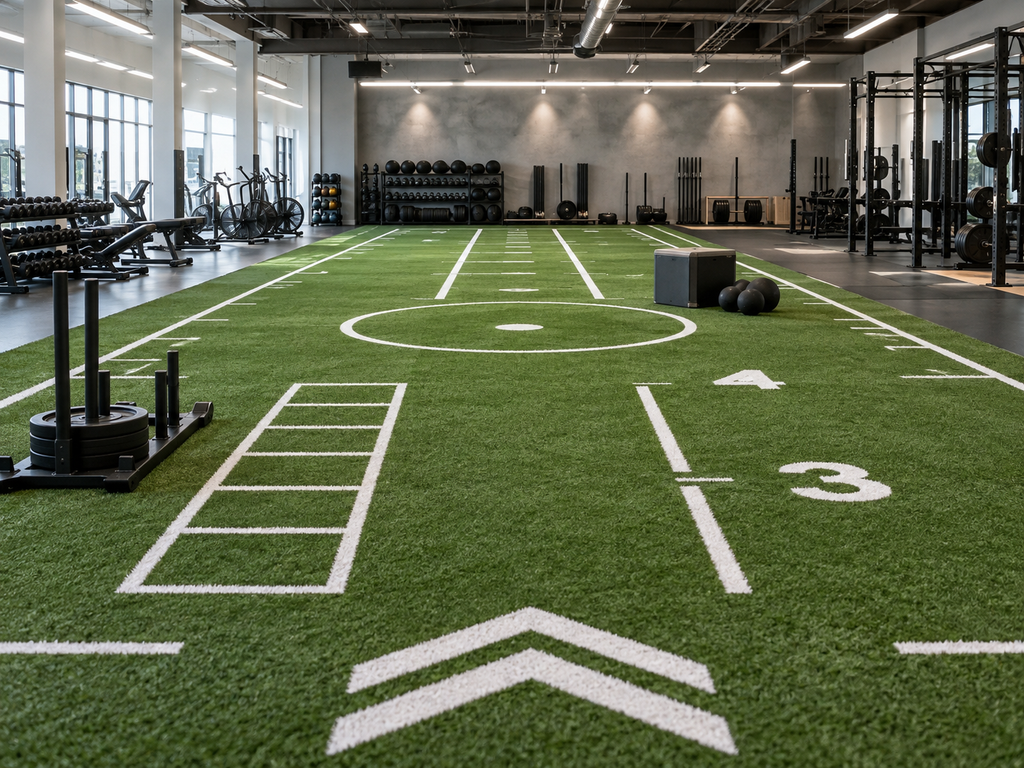 Gym turf with marked lanes for strength and conditioning