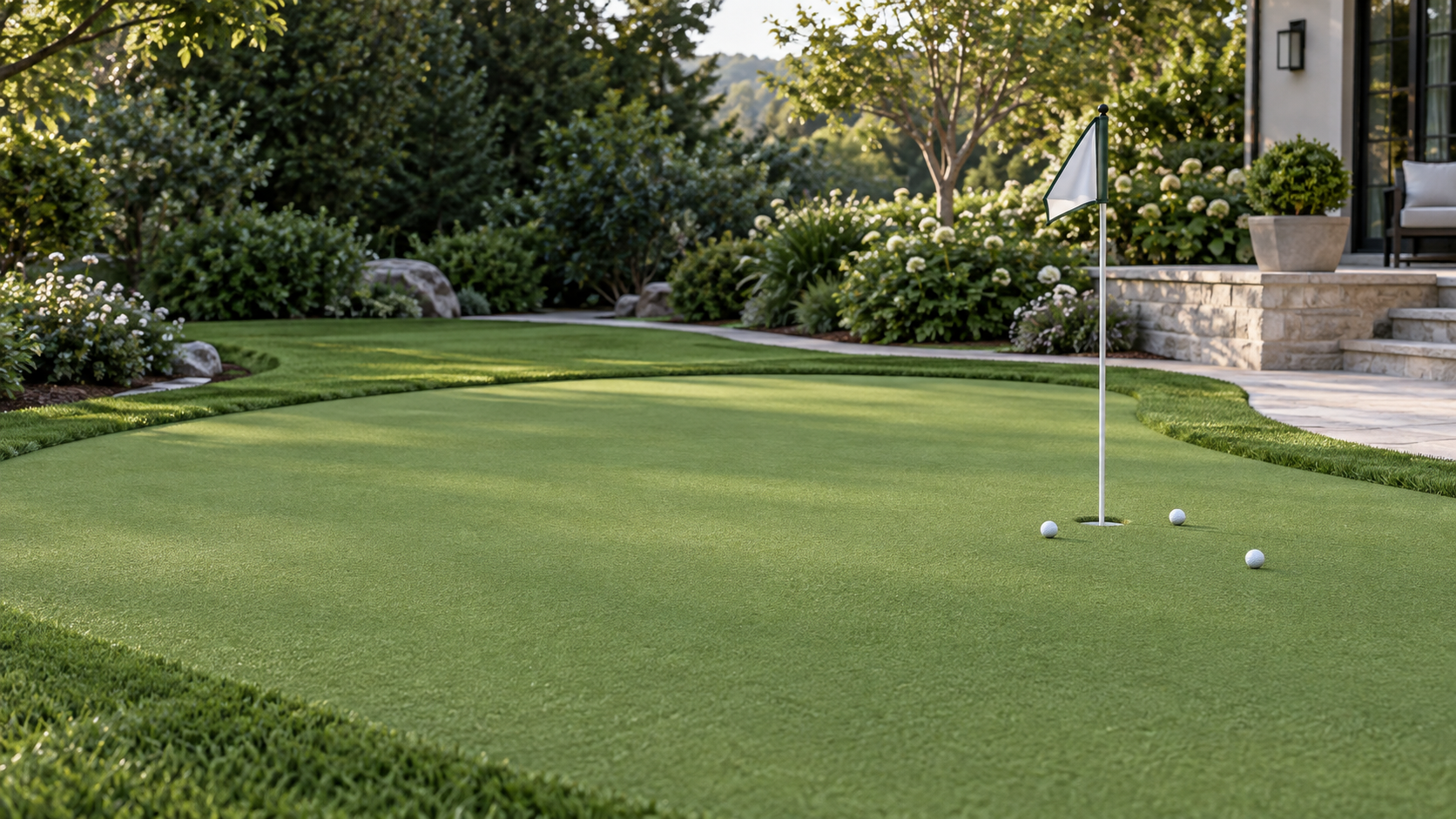 Backyard putting green with golf artificial grass beside a house