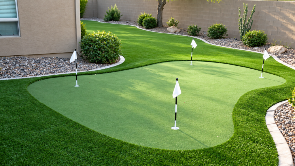 Backyard putting green with practice holes and flagsticks