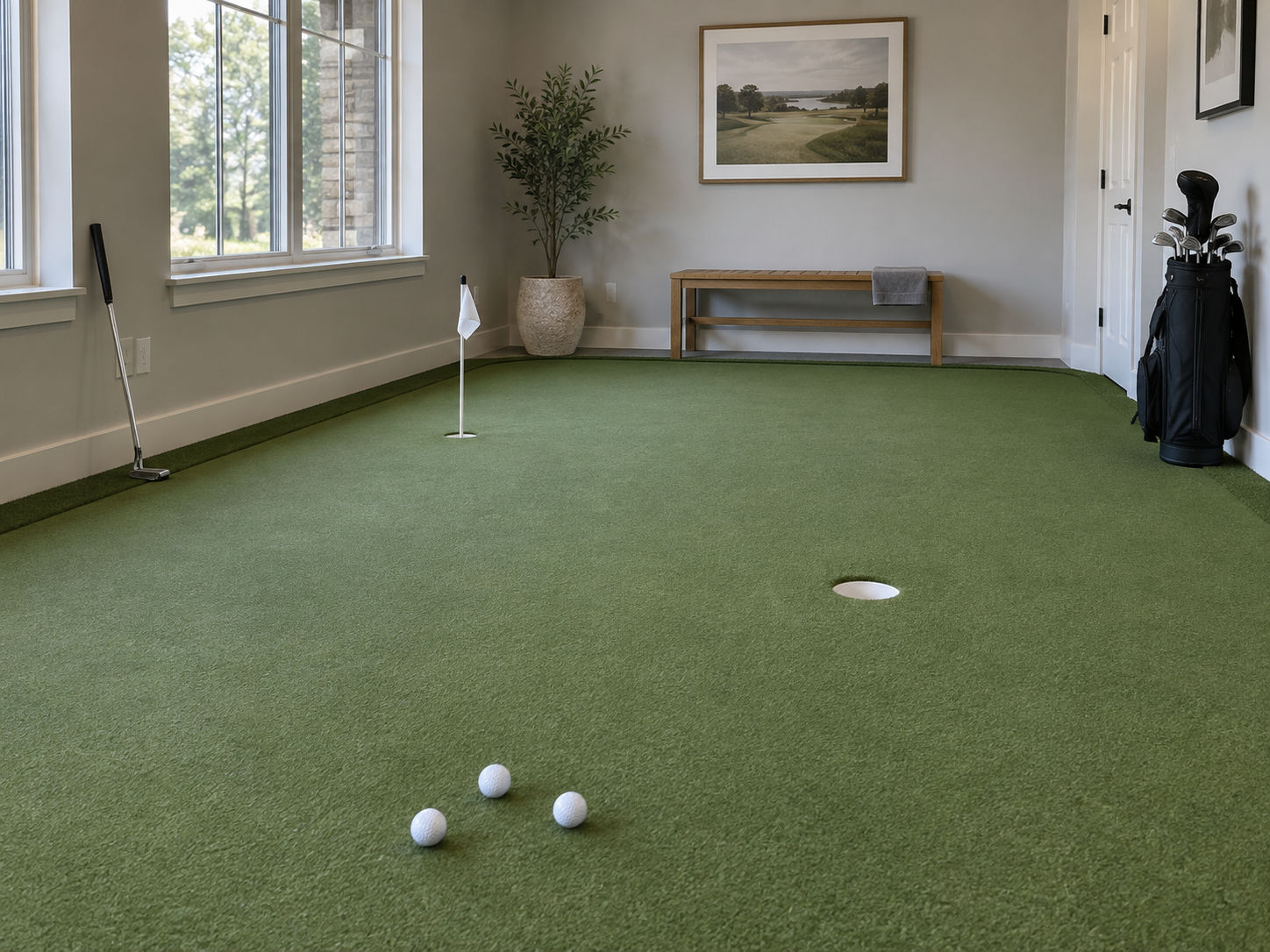 Indoor putting green with golf artificial grass in a practice room