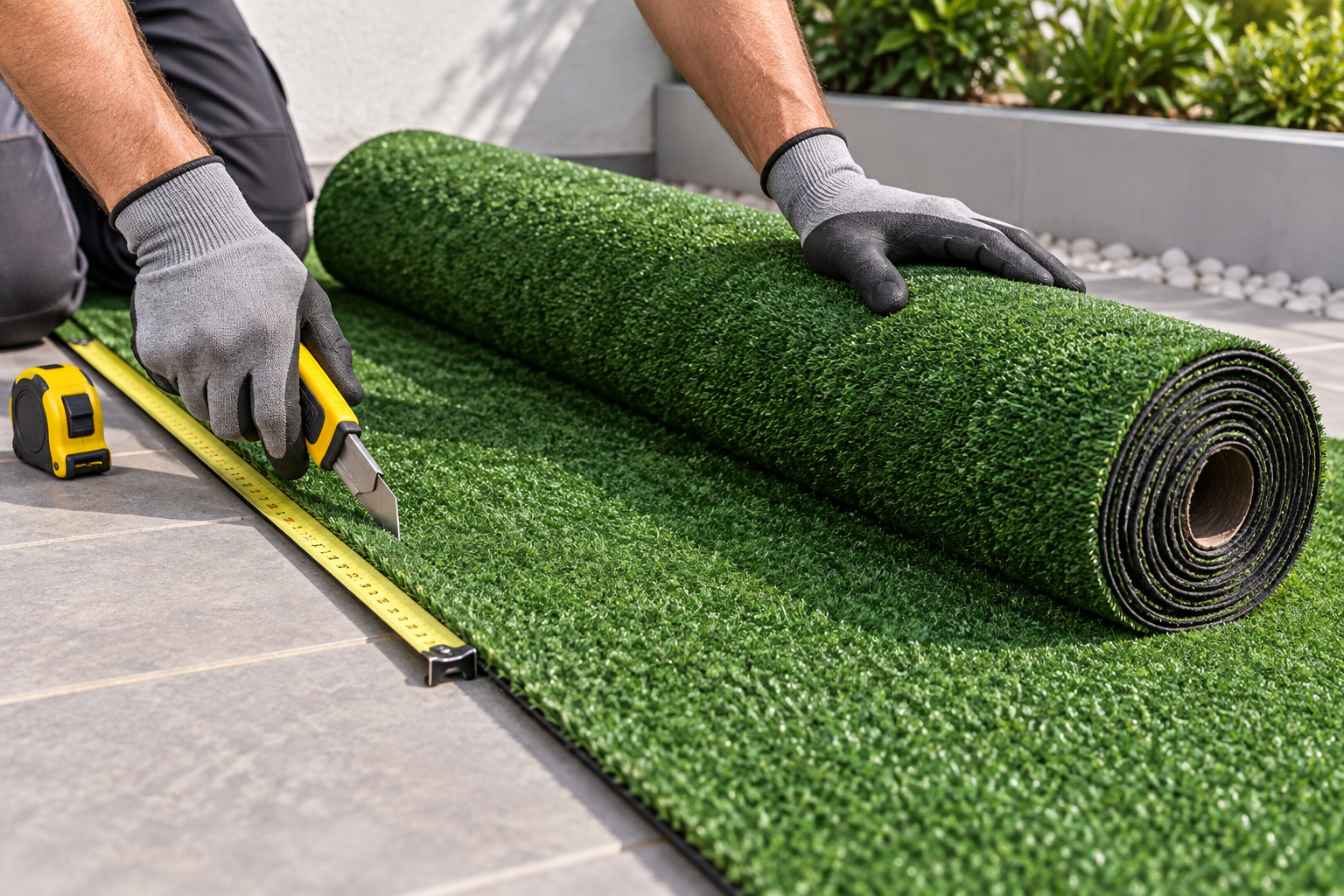 Measuring and trimming a pre-cut artificial grass roll during installation