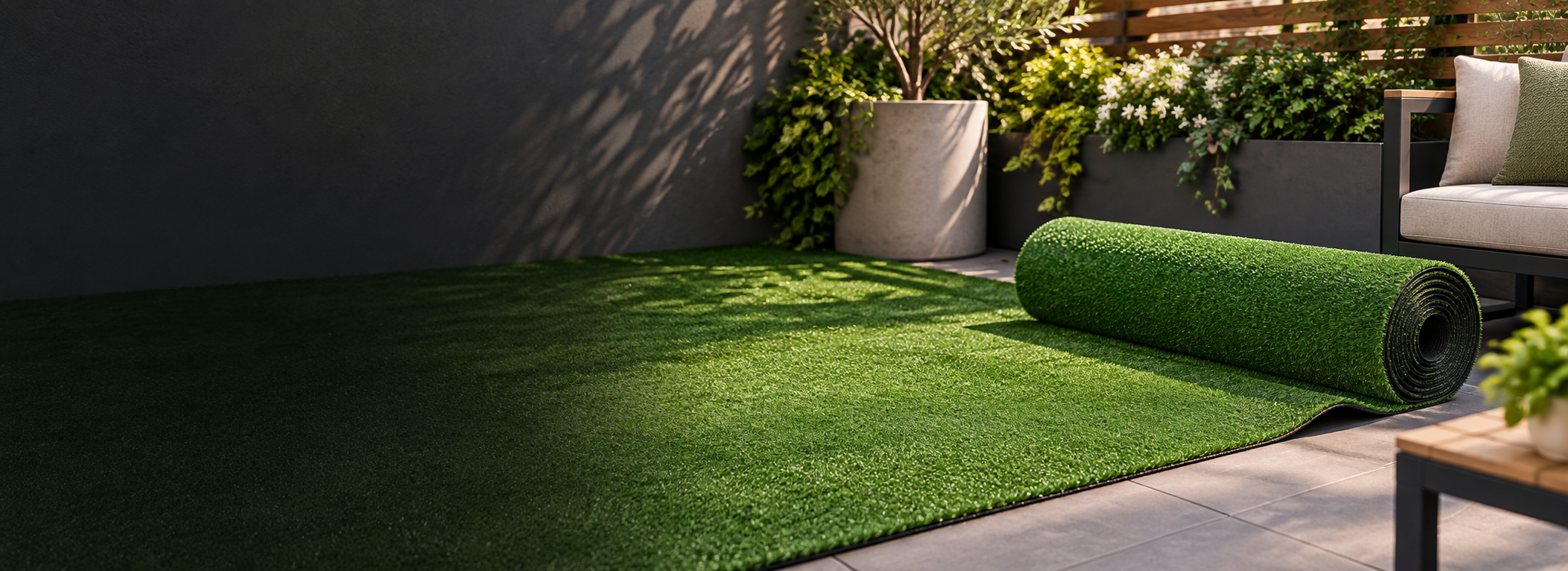 Pre-cut artificial grass rolls ready for installation