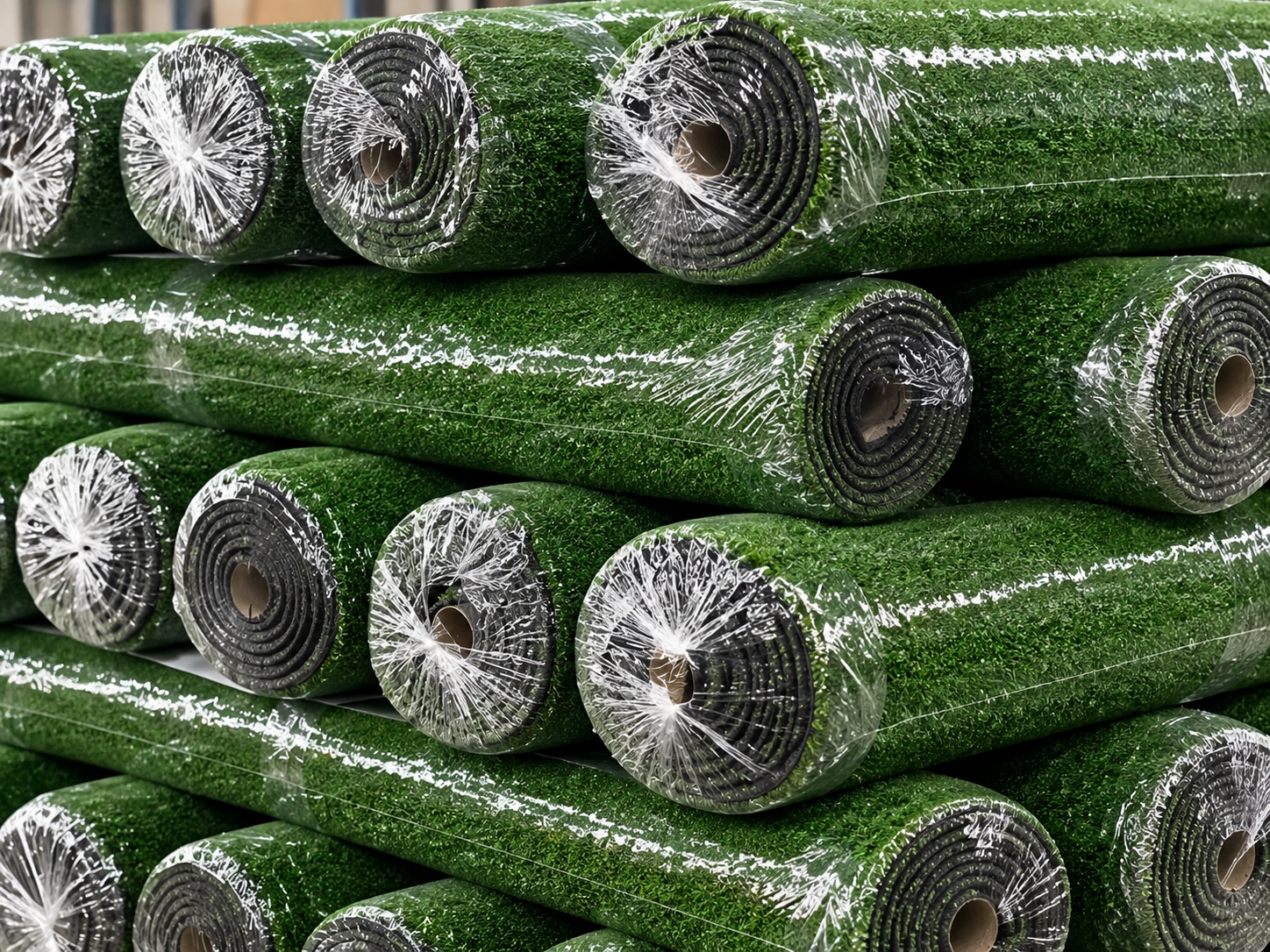 Wrapped pre-cut artificial grass rolls prepared for shipping