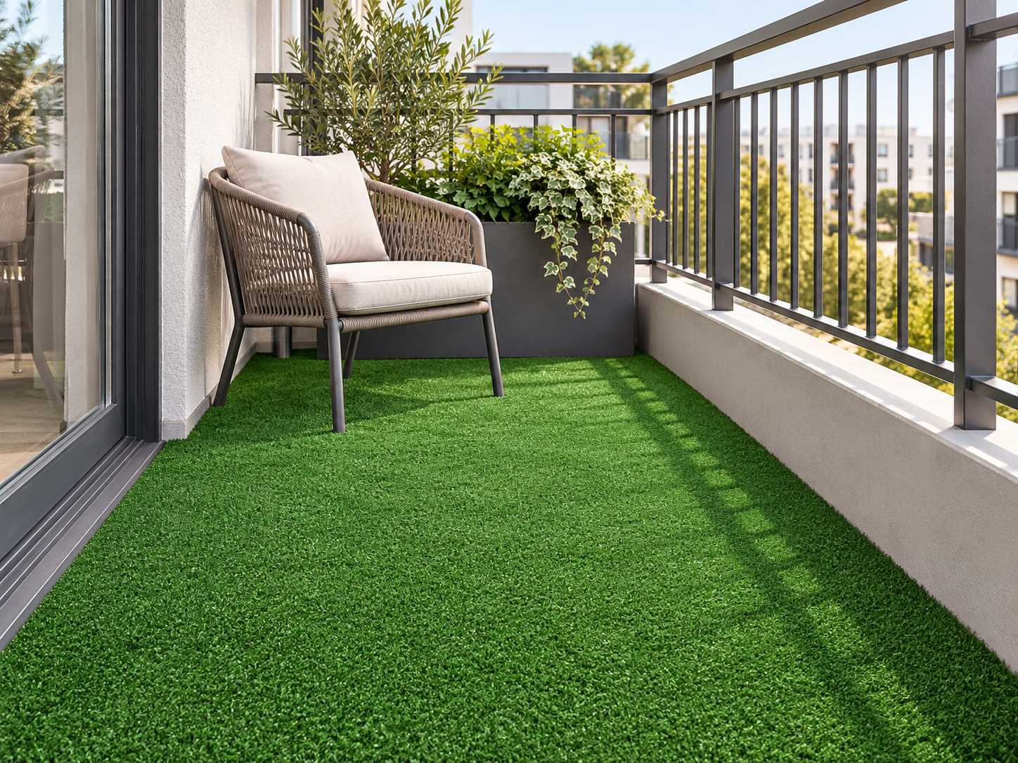 Pre-cut artificial grass installed on an apartment balcony