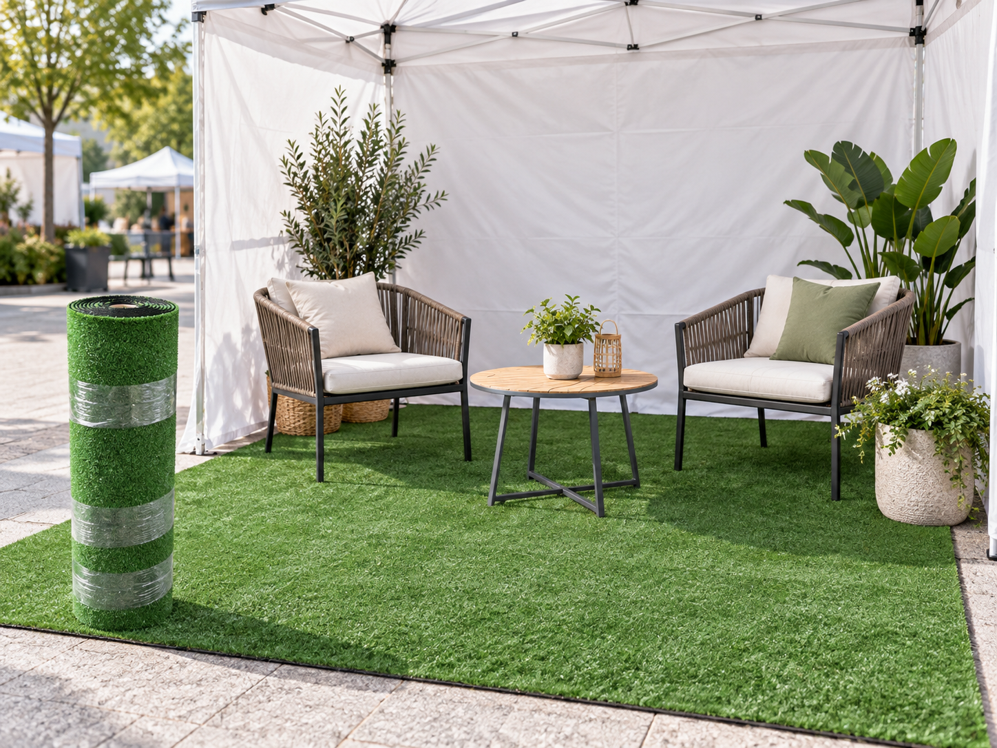 Pre-cut artificial grass used for a temporary outdoor DIY project