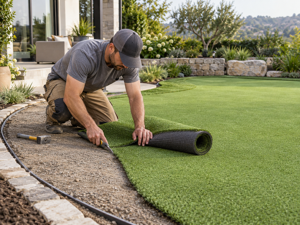 Installing a golf putting green turf roll in a garden